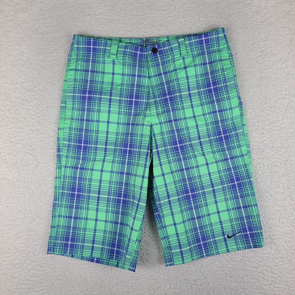 Nike Shorts Boys XL‎ Blue Green Plaid 11" Dri Fit Tour Performance Golf Chino